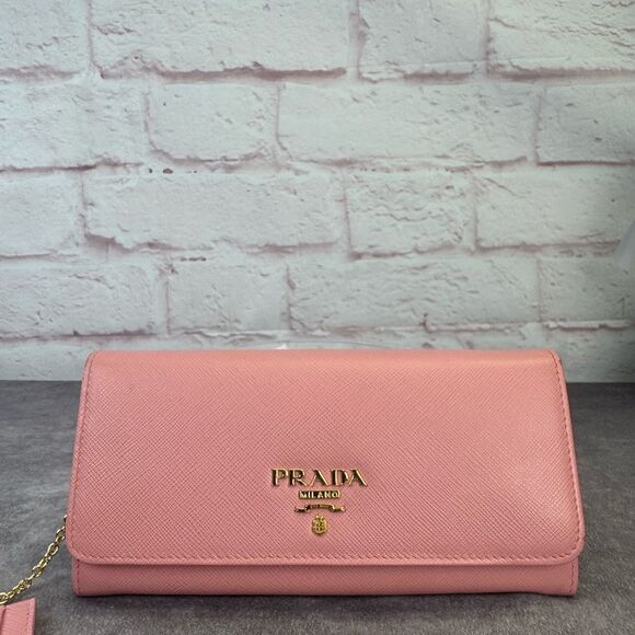 PRADA Saffiano Metal Continental Flap Wallet Orchidea with Small Chain Wallet - Picture 2 of 16